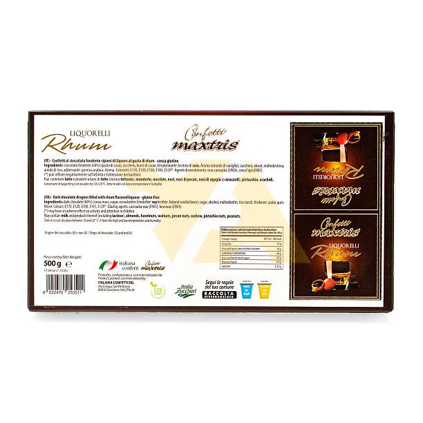 Конфеты из темного шоколада с начинкой из ликера со вкусом рома, LIQUORELLI, MAXTRIS, 0,5 кг (карт/кор)  Confetti Maxtris Италия