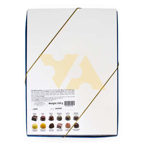 Пралине 4123 ассорти COCOA SELECTION, 12 видов начинки (кофе, ром, грецкий орех, сабайон, лимон, миндаль, фисташки, мандарин, джандуйя, сливки, малина, горький какао), STAINER, 0,15 кг (коробка с цветами) 0.15 кг. ANDREA STAINER Италия