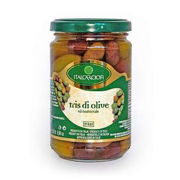 Оливки Ассорти с косточкой в рассоле, ITALCARCIOFI, 0,280 кг/0,180 кг/0,314 л (ст/б)